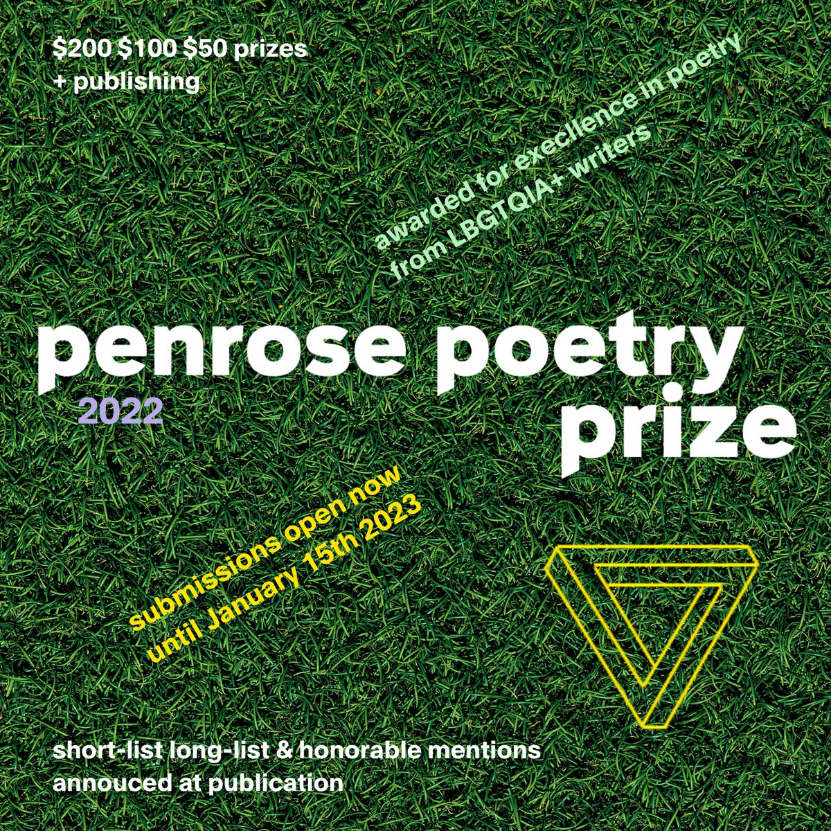 deathrattlelit's tweet photo. Penrose Poetry Prize 2022 Submissions Open
Now until January 15 at 11:59pm mountain time

Penrose Poetry Prize: an award for outstanding poetry by LGBTQIA+ writers  championing new, emerging, and established artists alongside an esteemed guest judge TBA. Free to submit! https://t.co/qDAo8BfK6d