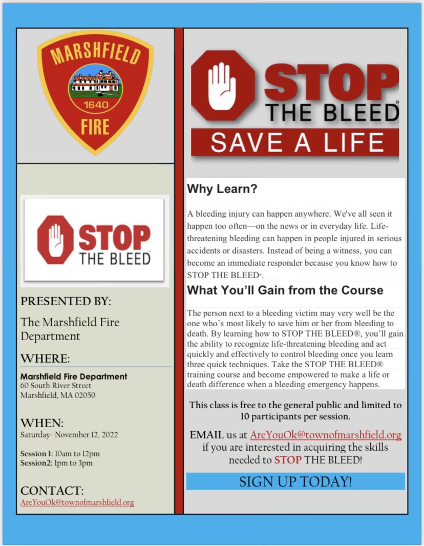 Marshfield_Fire's tweet photo. Next session of our Stop The Bleed class is 11/12/22. This is a FREE class for anyone who attends but is limited to 10 per session. Please contact us at areyouok@townofmarshfield.org to reserve your spot https://t.co/xAONj8sOdg