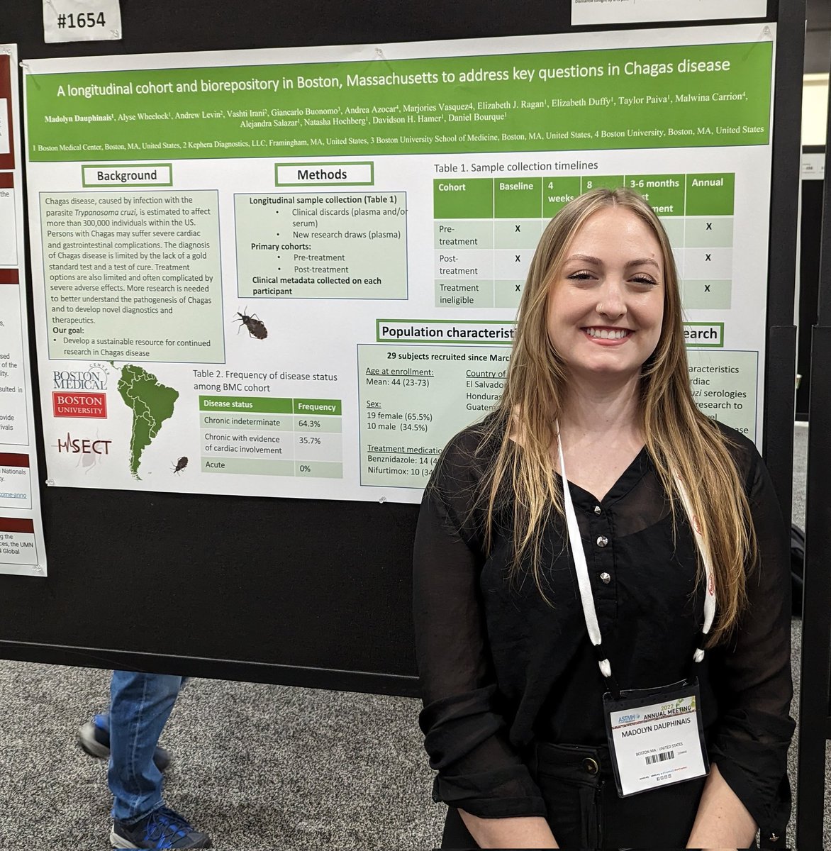 ChagasBoston's tweet photo. Day 3 of #ASTMH22 and day 3 of team #Chagas #Boston presenting a poster! Come see Maddie now (#1654) and learn about our #longitudinal #biorepository work! #Screen4Chagas #BeatNTDs #EndTheNeglect @ASTMH https://t.co/Hy7S6emyvP
