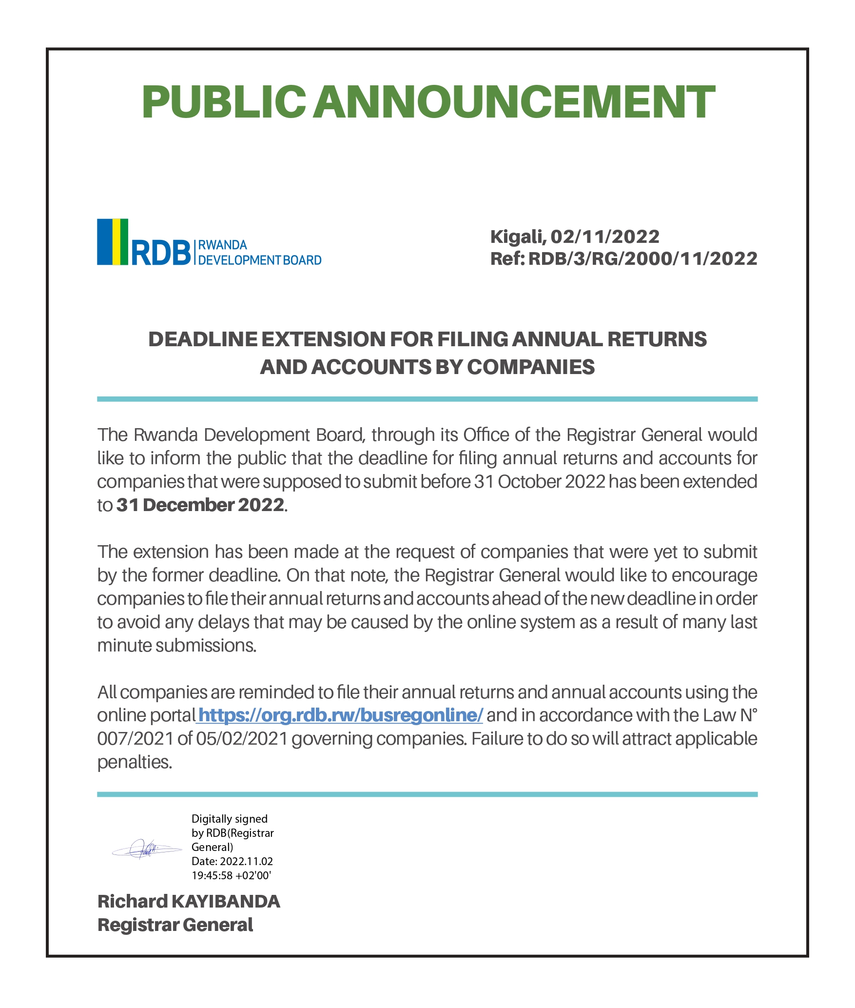 Rwanda Development Board on Twitter "PUBLIC NOTICE Deadline extension for filing annual