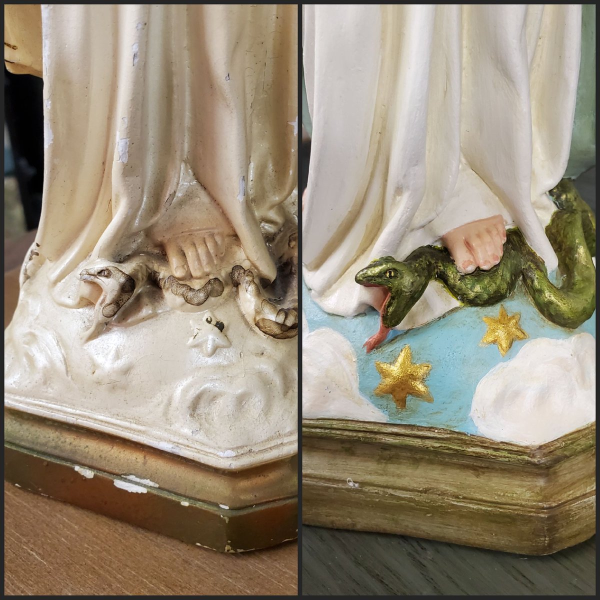 LaPorteVintage's tweet photo. Repair and repaint. Small antique plaster Our Lady of Grace before & after #statuerestoration . https://t.co/MGo54Wl6Tq