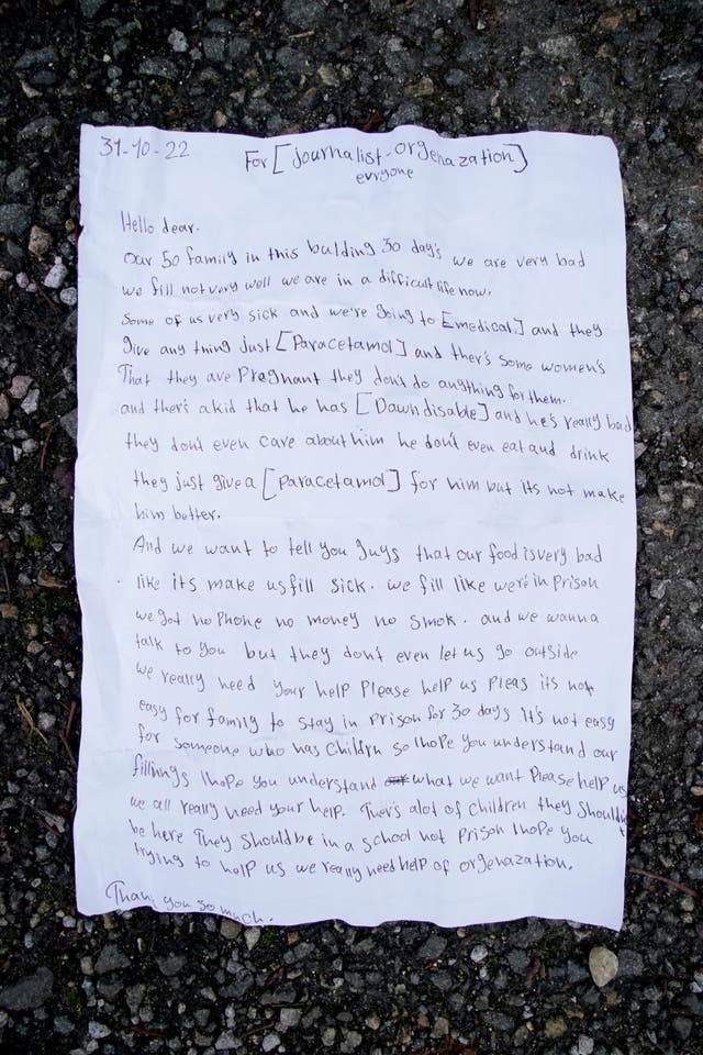 A young girl detained in Manston threw this letter over the fence to a PA news agency photographer today. “We are in a difficult life now … we fill like we’re in prison...some of us very sick … ther’s some women’s that are pregnant…We really need your help. Please help us.'