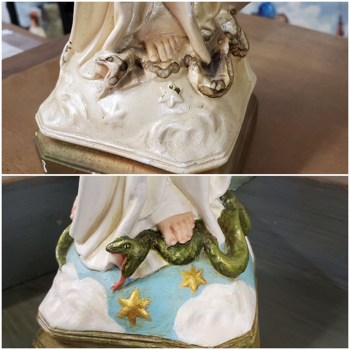 LaPorteVintage's tweet photo. Repair and repaint. Small antique plaster Our Lady of Grace before & after #statuerestoration . https://t.co/MGo54Wl6Tq