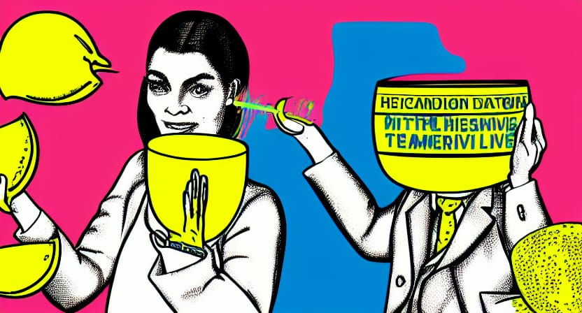 converse_paige's tweet photo. "Lemonade psychiatrist made of lemonade drinking hot lemonade in her lemonade office teaching a lemon how to do dialectical behavior therapy" thank you @NightcafeStudio https://t.co/MhlxNMIAhO