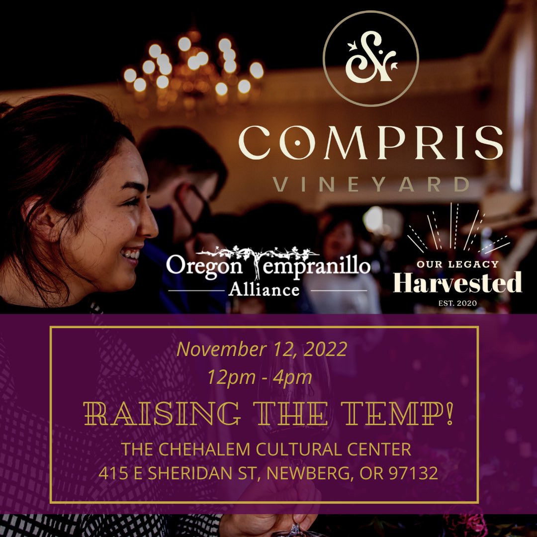 ORTempranillo's tweet photo. Raising the Temp! wine tasting event on November 12th in Newberg, Oregon. All Tempranillo! #ORwine #OregonWine #Tempranillo #ORtempranillo #winetasting #Oregon Get tix via TOCK thru @comprisvineyard https://t.co/v7y2IZcJmo