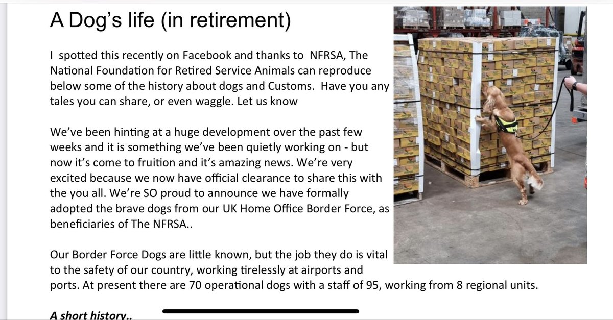 The_NFRSA's tweet photo. Thank you to the Newsletter of Heathrow and West London Customs and Excise Retired Association for writing a lovely piece on the #NFRSA - spreading the word of how we help our retired Border Force Detector Dogs.
#dogs #DogsOnTwitter #dogsoftwitter #borderforce #operationaldogs https://t.co/ElEmjKVMam