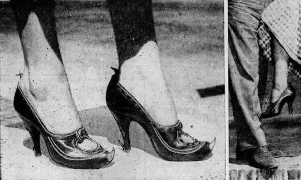 “Defense shoes” 1950s.

Manufactured by an Italian shoemaker, featuring spurs on toes and heels to kick away offensive sex offenders