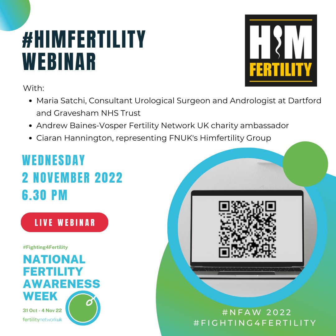FertilityNUK's tweet photo. Is male fertility treated as equally as female fertility? Register now for our special #HIMFertility webinar on Wed 2 Nov at 6:30pm during #NFAW22

Register at https://t.co/Wd8rEK3Ilj (link in bio) or scan the QR code

#NFAW22 #HIMfertility #Fighting4Fertility @HIMfertility https://t.co/R46qJGBKSH