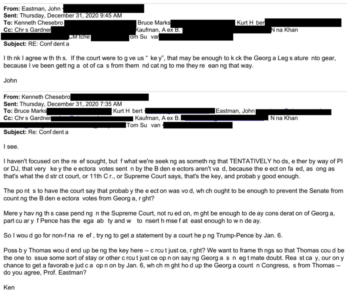 THREAD: Thanks to @politico, we now have the 8 emails Judge Carter ordered Eastman to hand over to the 1/6 committee. And they are DAMNING. First, Eastman agrees with Cheesebro that JUSTICE THOMAS is their best bet to get a ruling to delay the 1/6 certification. 1/