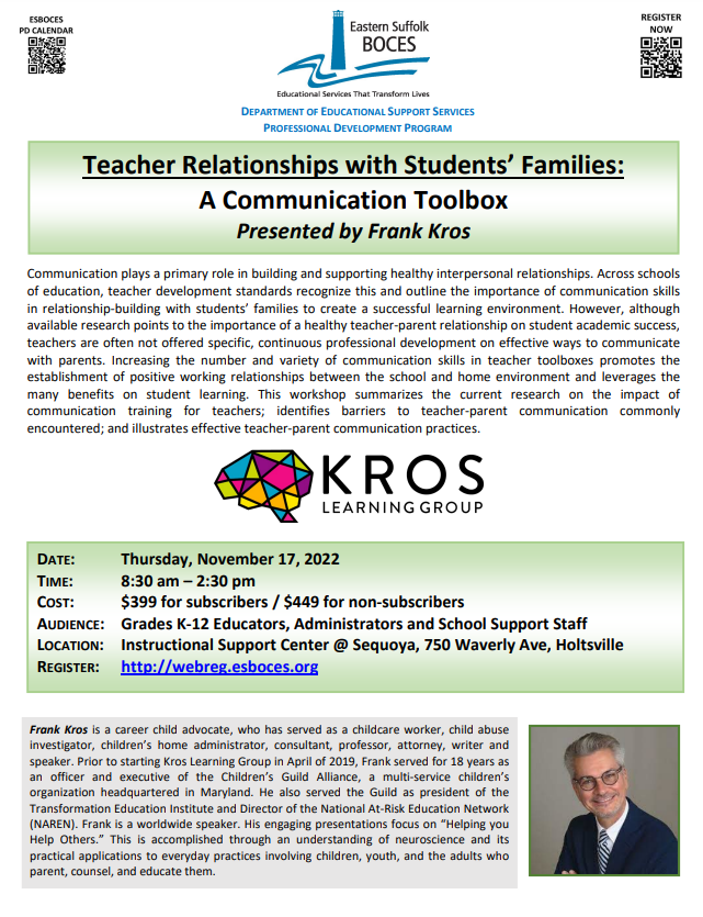 11/17-In-Person-Teacher Relationships with Students' Families: A Communication Toolbox Presented by Frank Kros
Register:mylearningplan.com/WebReg/Activit…