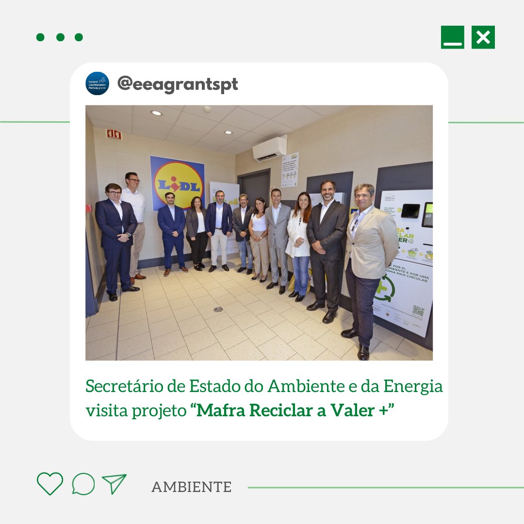 EEAGrantsPT's tweet photo. No âmbito do projeto “MAFRA Reciclar a Valer +”, o Secretário de Estado do Ambiente e da Energia, João Galamba conheceu o ponto de recolha de embalagens de bebidas vazias ♻️
Saiba mais em: https://t.co/1tFLt6Avv6
#eeagrants #programaambiente https://t.co/lGvyqON8H5