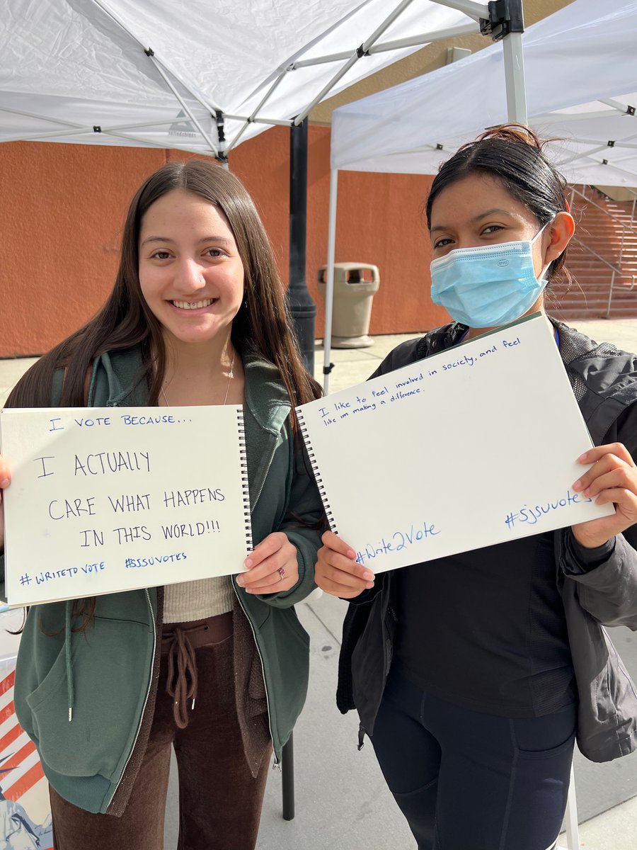 SJSUvotes's tweet photo. Spartans share why it is important to vote. @sjsu #WritetoVote #sjsuvotes https://t.co/nMF05Q1ksw