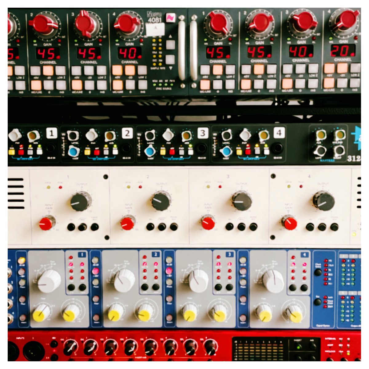 Emilydrums's tweet photo. People often ask me what gear I'm using in the studio, so here are some preamps for your pleasure... #Neve4081 #API3124+ #TLAudio5001 #FocustieISA428 #PleaseDontAskMeWhichMicsAreGoingThroughEach! https://t.co/bojcqJ0mww