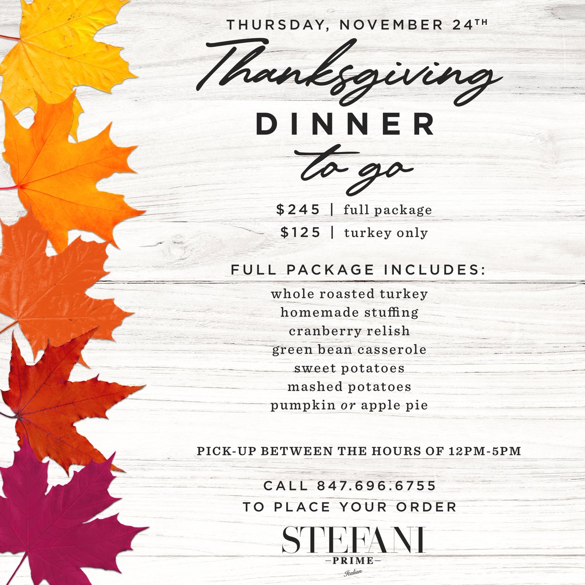 StefaniPrime's tweet photo. Thanksgiving to-go orders are now available at Prime! Turkeys average between 12-14 lbs, serve approx. 8-10 people, &amp; must be ordered by Sunday, November 20th. Orders are going quick, so please call: 847.696.6755 while supplies last! 🦃🧡 #PrimeThanksgiving #ThanksgivingToGo https://t.co/12fIMylDSe