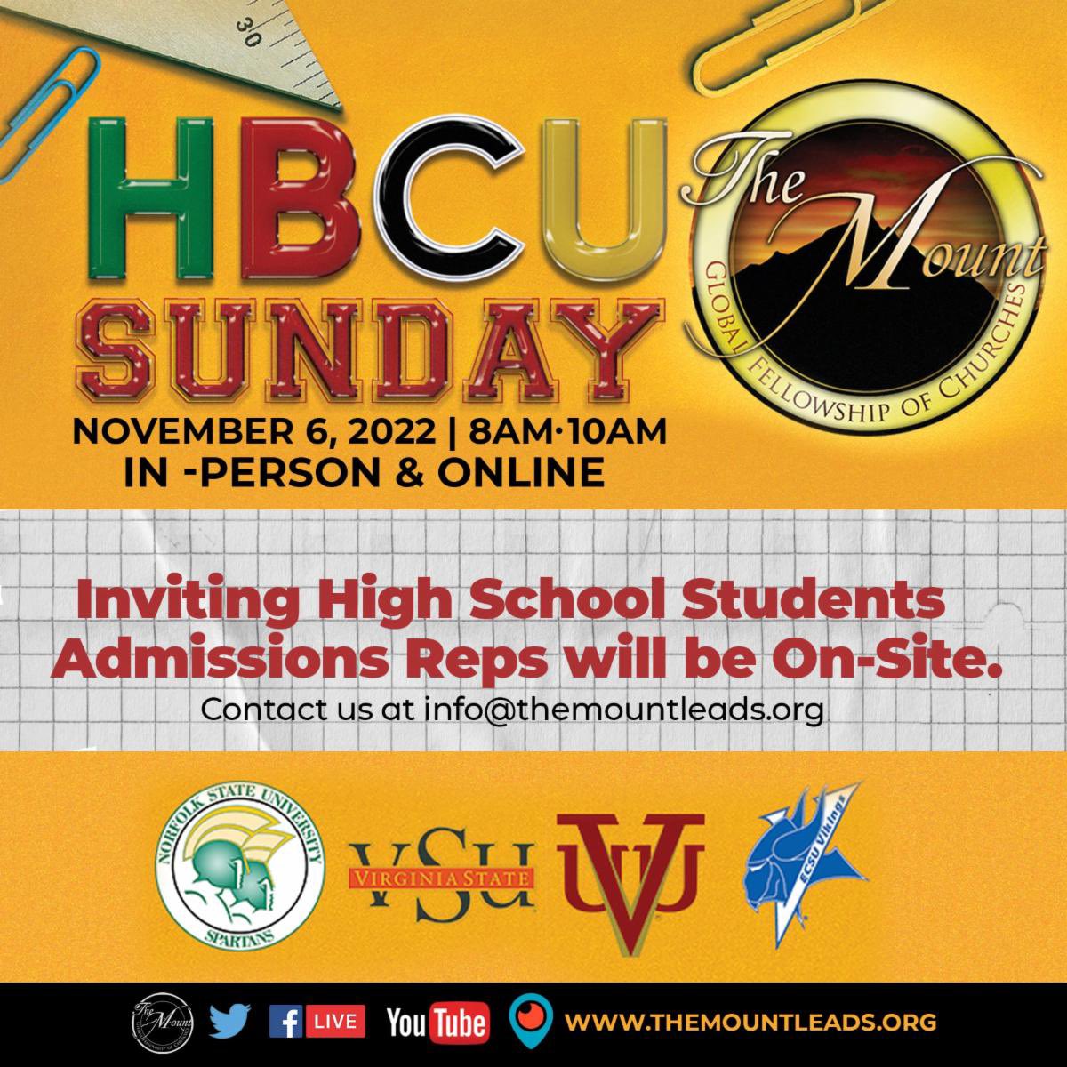 themountleads's tweet photo. Check out all of the information going down this Sunday for HBCU SUNDAY! 🔥🔥🔥
Giveaways, @ecsuvikings marching band, @vsuband Whoo Whoo Girls, @norfolkstateuniversity Concert Choir, Greeks, @truist bank will be doing onsite Interviews!! #HbcuSunday #TheMount #8am #10am https://t.co/5mumiHCQef