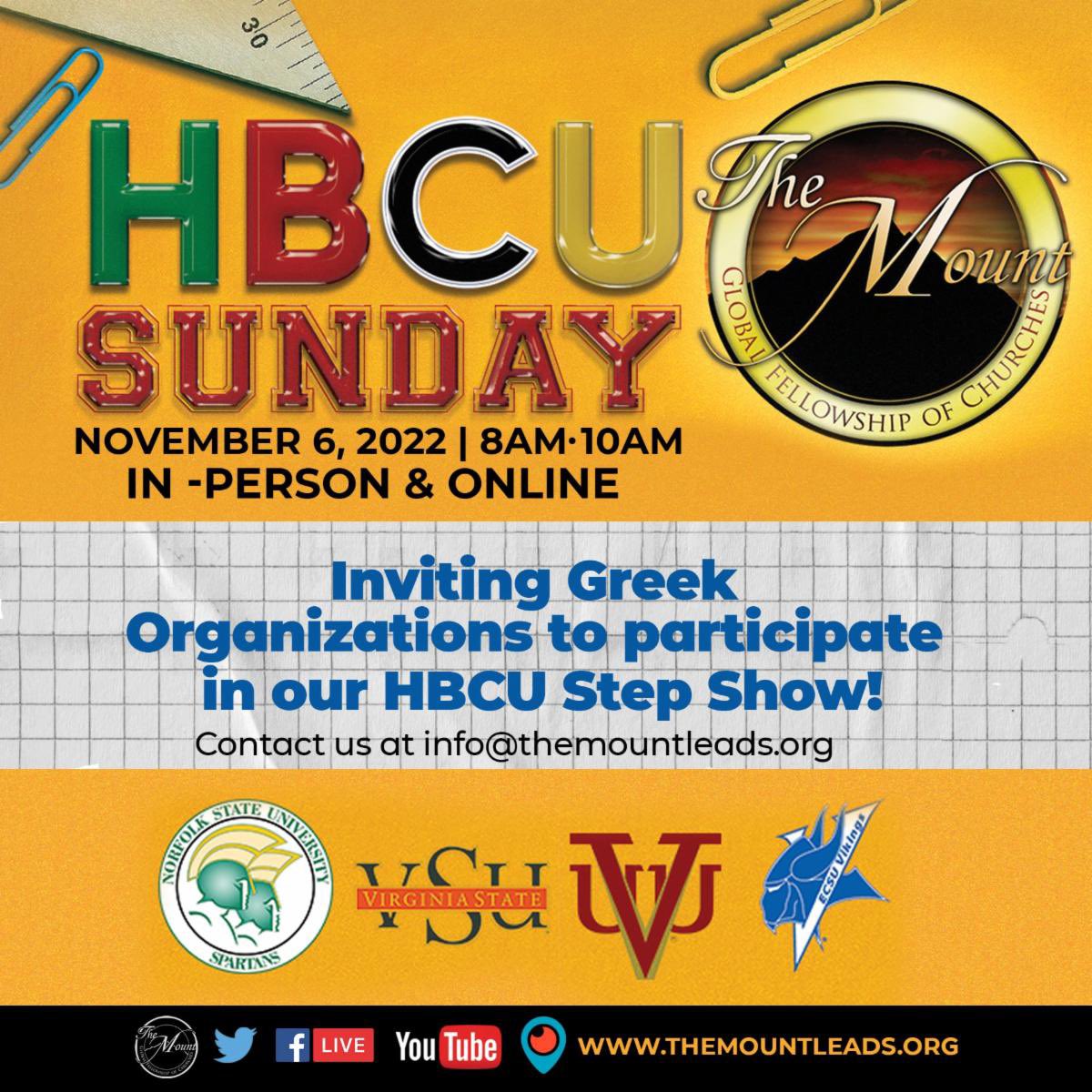 themountleads's tweet photo. Check out all of the information going down this Sunday for HBCU SUNDAY! 🔥🔥🔥
Giveaways, @ecsuvikings marching band, @vsuband Whoo Whoo Girls, @norfolkstateuniversity Concert Choir, Greeks, @truist bank will be doing onsite Interviews!! #HbcuSunday #TheMount #8am #10am https://t.co/5mumiHCQef