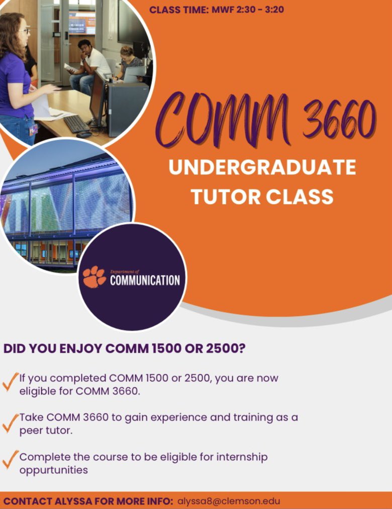 CU_CommCenter's tweet image. Interested in joining our team at the communications center? This class offers great experience and opportunities for internships and tutoring roles. For more information contact alyssa8@clemson.edu