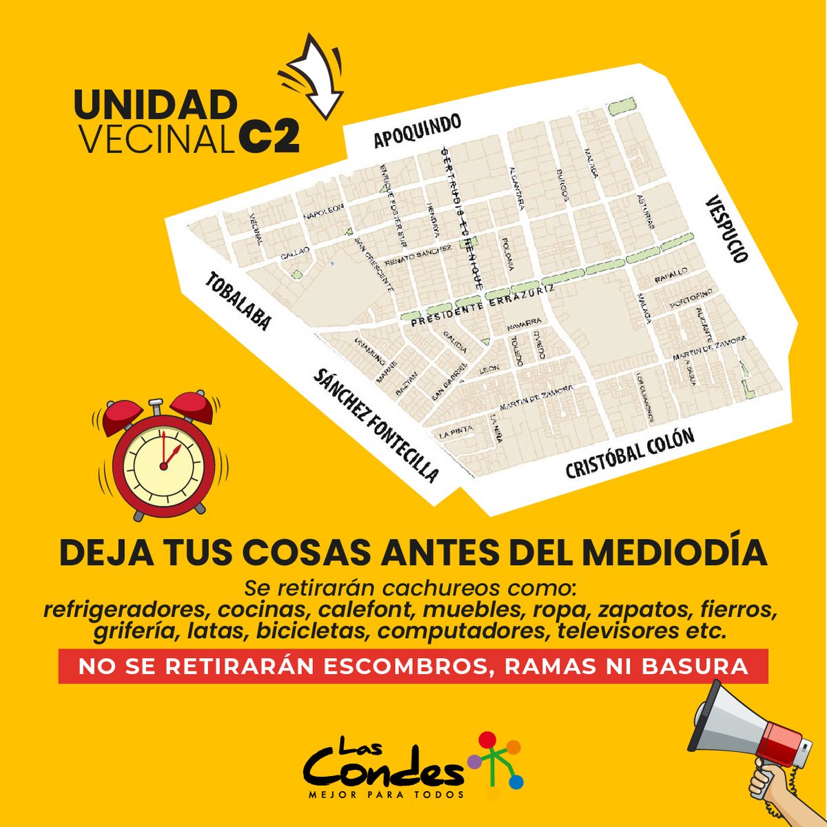 👀 ¡Atención vecinos de la UV C- 2! Este sábado 5/11, entre 8 y 16 horas, recogeremos lo que ya no ocupen en su hogar. 🚛🚍
 
¡RECUERDEN DEJAR LAS COSAS FUERA DEL DOMICILIO ANTES DEL MEDIODÍA! ⏰

Más info 👉 bit.ly/325Ecbw 

#LasCondesTeCuida #LasCondesVerde

<a href="/LC_aseo/">Dirección de Aseo</a>