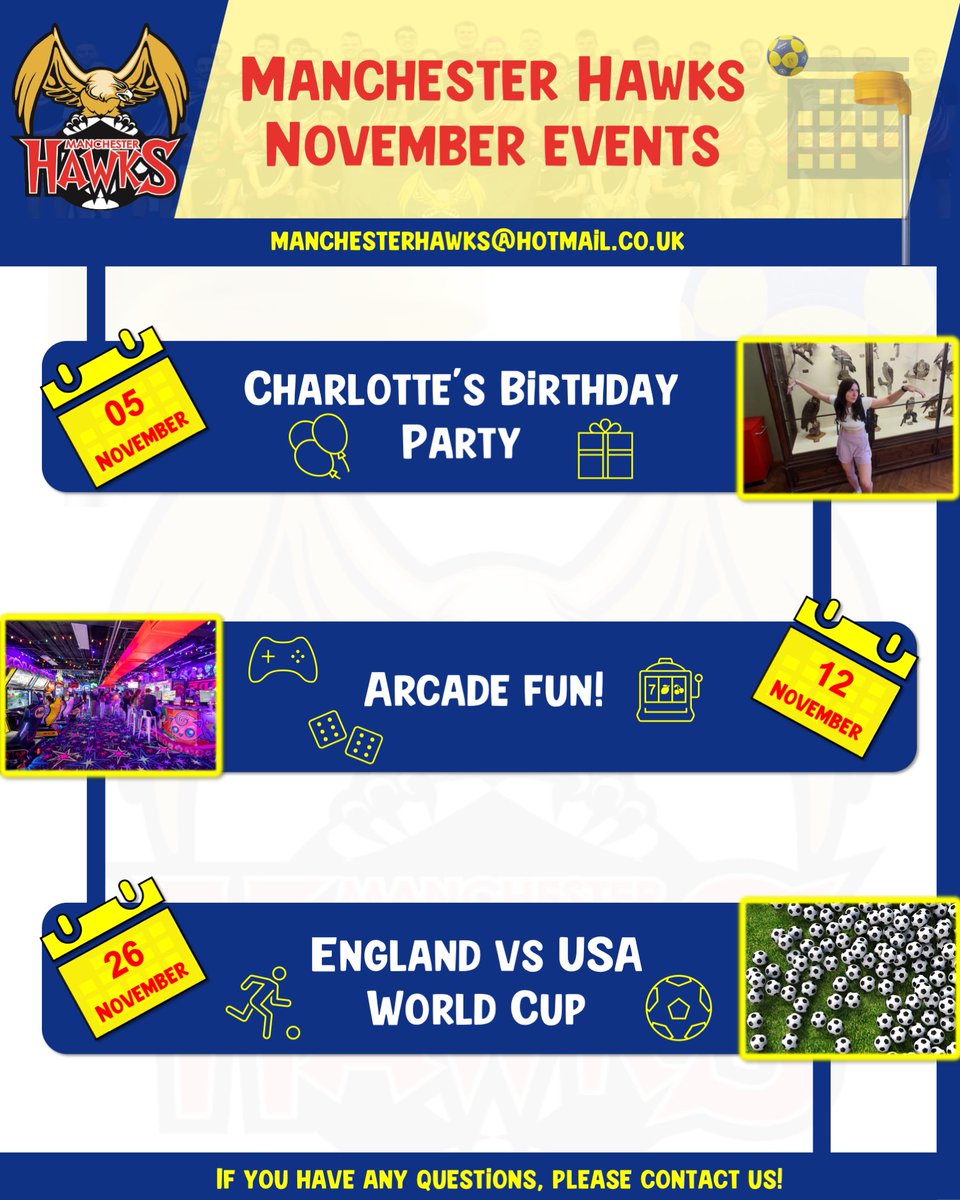 ManchesterHawks's tweet photo. 🙋🏽‍♀️ What’s on this November at Manchester Hawks? 🎉 message us for more details! 🤾🏼‍♀️ https://t.co/6WYBldDlPN