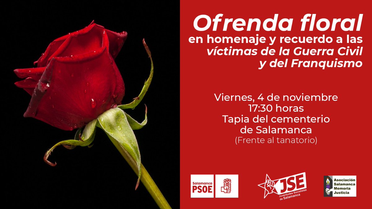 Nunca olvidaremos a las víctimas del franquismo🌹
Sabemos que la memoria es esencial para mantener nuestra identidad y nuestros valores 

Homenaje a víctimas del golpe militar y la dictadura

🗓️4 de noviembre 🕠17:30h. Cementerio de Salamanca
 <a href="/jse_salamanca/">JSE Salamanca</a> <a href="/ASMJ_Salamanca/">MemoriayJusticia</a>