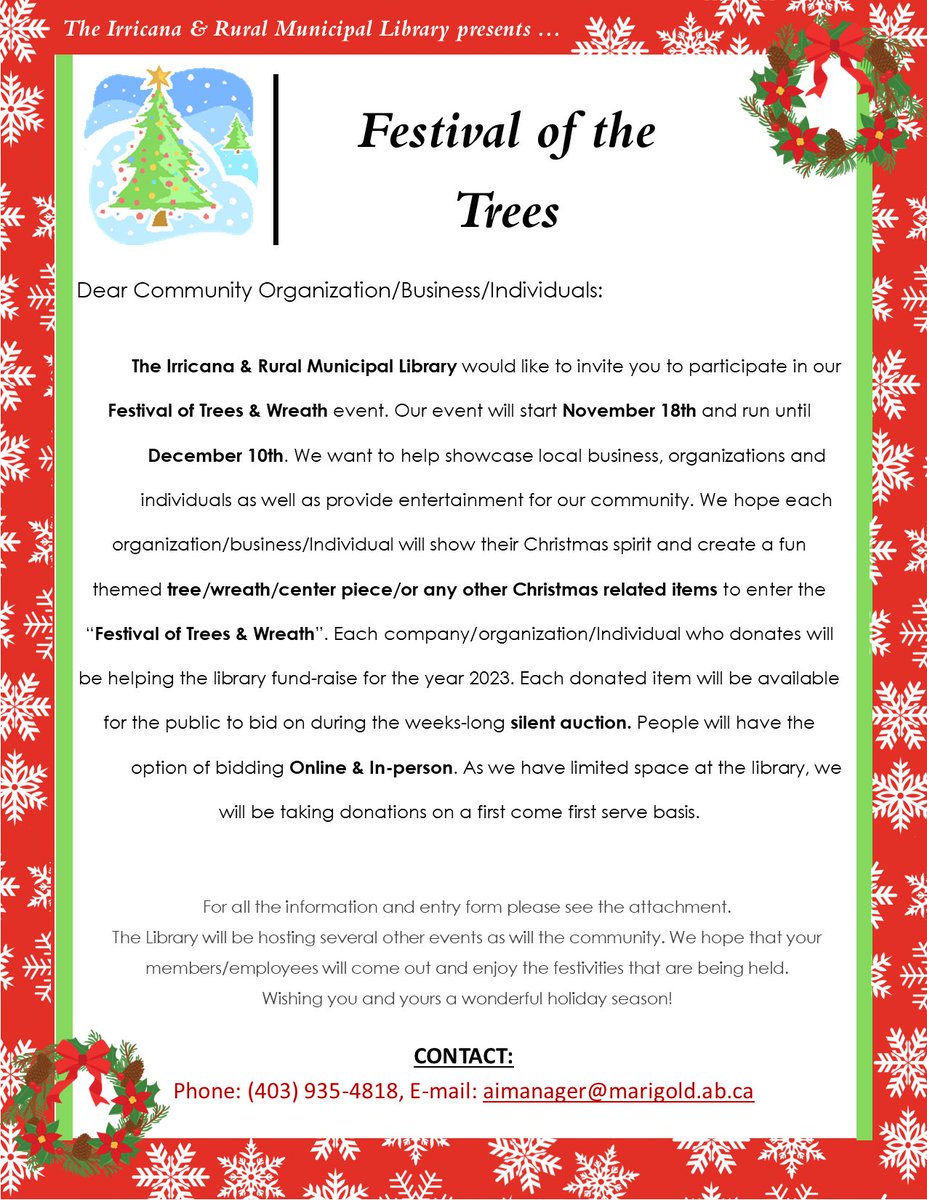 IrricanaLibrary's tweet photo. Festival of the Trees is starting this month! We will be accepting donated items starting November 18th. You must sign up in order to donate. For more information, refer to the below: 
🎄❄🎅 https://t.co/sxG5oNZ6eF