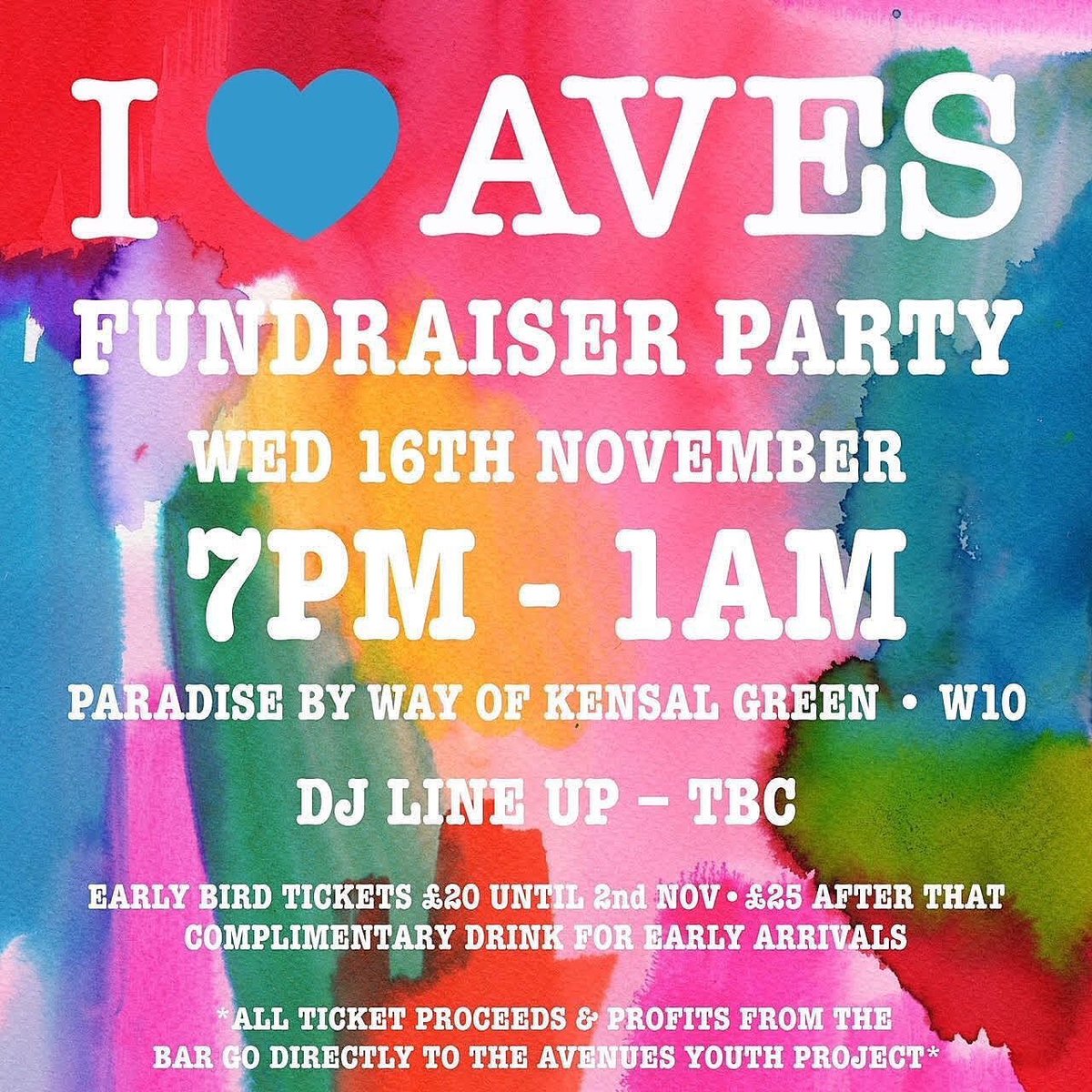 Got your 'I ♥️ Aves Fundraiser tickets' yet?⁠ ⁠ £20 Early Bird (available until 4th November)⁠ £25 Standard ticket ⁠ 📆 16th November ⁠ 📍 @paradisekensal⁠ ⁠ 🎫 bit.ly/IHeartAves22 All profits from the evening will go directly to The Avenues Youth Project 🧡