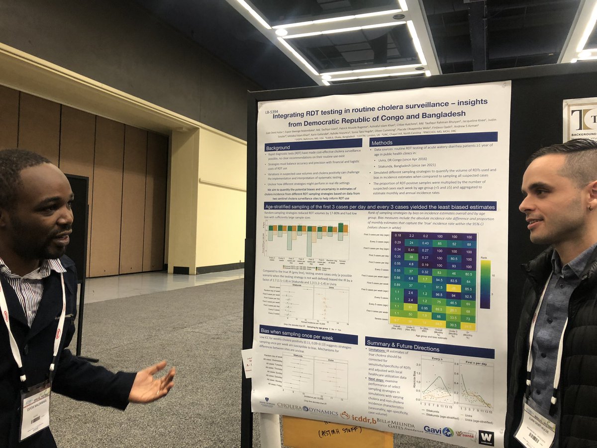JHIDDynamics's tweet photo. Juan Dent Hulse and @espoir_bwenge discussing potential biases of different surveillance strategies with rapid diagnostic testing of cholera. Is it better to test the first 3 cases per week? First 3 cases per day? Stop by LB-5394 to learn more #Tropmed22 @ASTMH https://t.co/W2YMeWOZId
