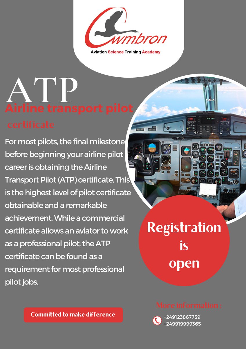cwmbron's tweet image. For most pilots, the final milestone before beginning your airline pilot career is obtaining the Airline Transport Pilot (ATP) certificate. This is the highest level of pilot certificate obtainable and a remarkable achievement .

Prerequisites:
- commercial pilot license CPL