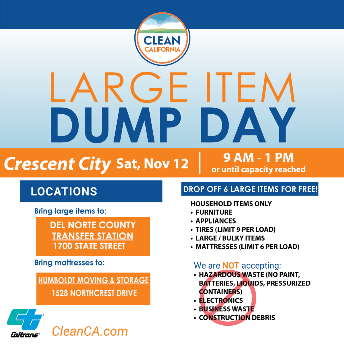 CaltransDist1's tweet photo. 📯 It's almost time! Tomorrow morning, starting at 9 am!
We teamed up with @DelNorteCounty @HambroRecycling to help you get rid of large, unwanted items for free!
#CleanCA #DumpDay #CleanHighways #CleanWater @CaltransHQ @CAgovernor https://t.co/f89AWqcSOV