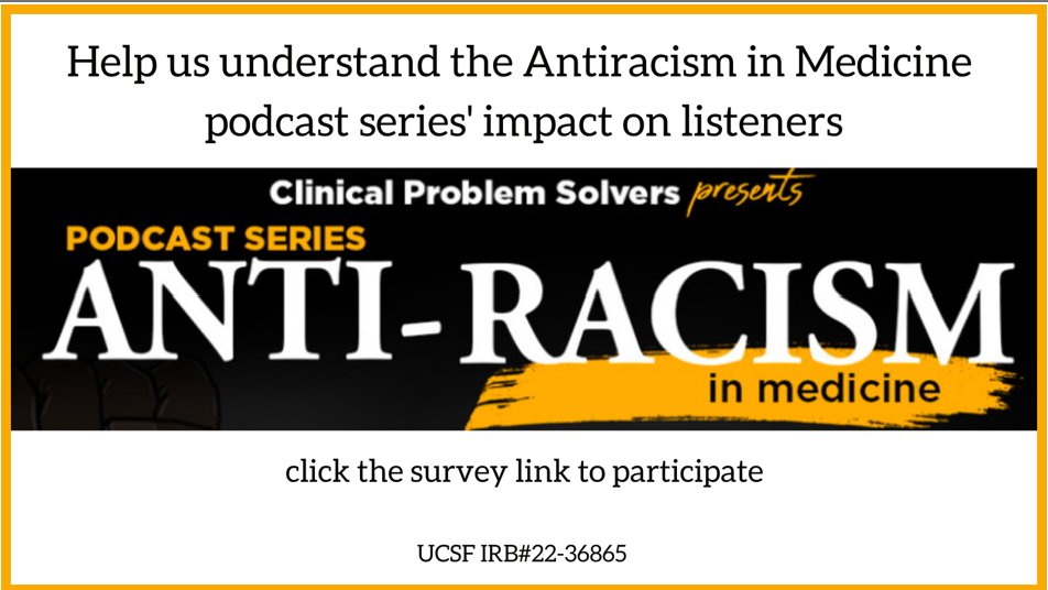 Have you listened to an episode of the @CPSolvers Antiracism in Medicine Podcast Series and work or learn in a health-related profession? Please take our short survey to help us understand the podcast series’ impact on listeners! bit.ly/ARMPodSurvey