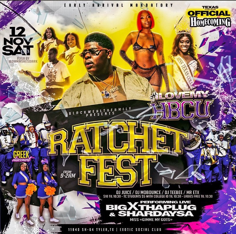 4everAqua's tweet photo. Nov 12th LETS  TURN UP &amp; GET RATCHET

Texas College Official Homecoming Party #RATCHETFEST 

$5 till 10:30 With College ID

Dj Juice x Dj Mo Bounce x Dj TeeBee 
Mc Nunny (Mr.ETX)!

Live Performance from BigXThaPlug &amp; Shardaysa!

#Prettyfacepromo
#BlackWealthPromo https://t.co/hgQrkFvptw