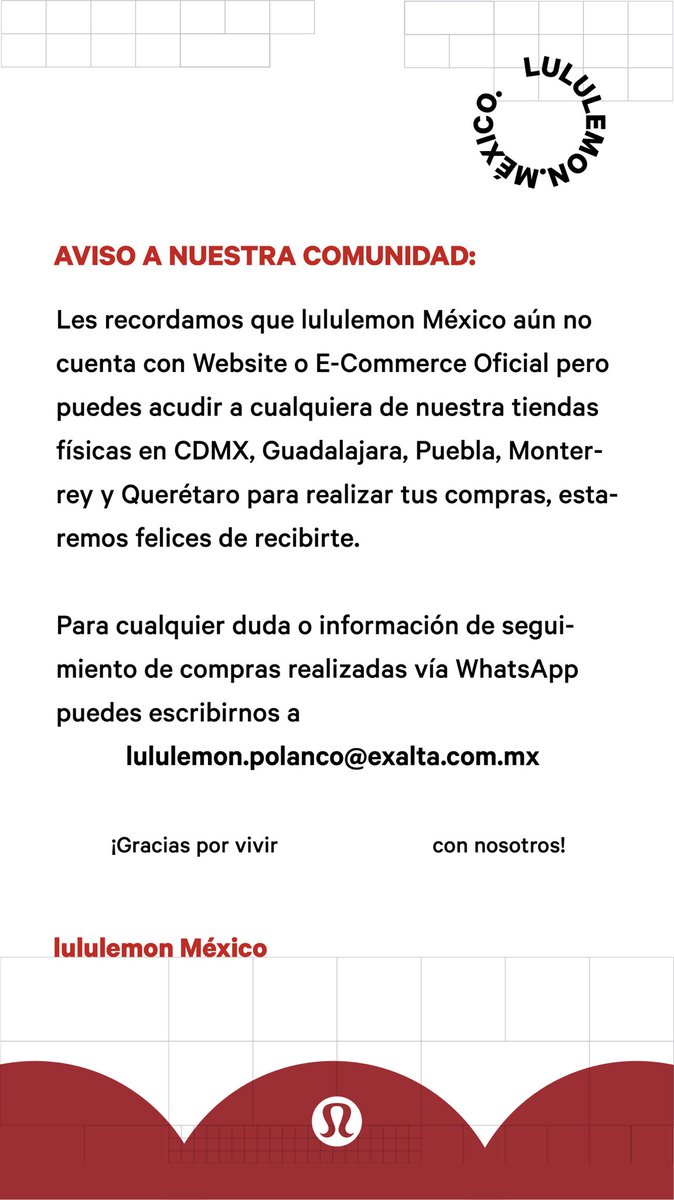 En 2023 haremos el lanzamiento de nuestro E-Commerce en México y estamos felices de compartirlo 😃 
Les recordamos que aún no existe E-Comm o Website oficial de lululemon México por lo que les recomendamos evitar sitios falsos. #thesweatlifeMX