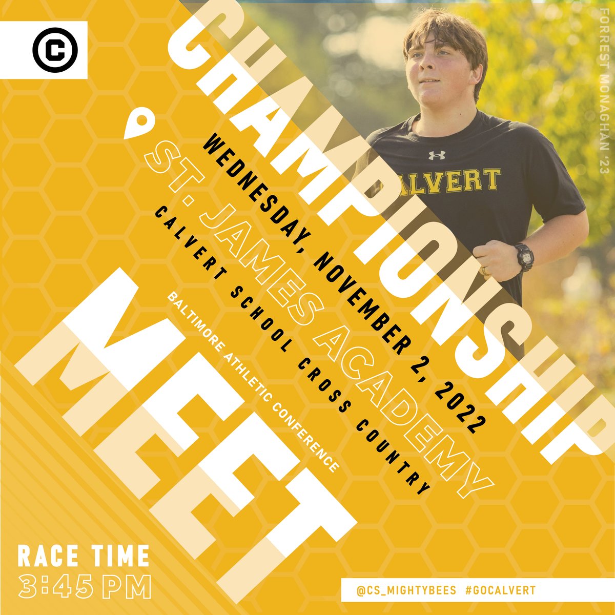 CS_MightyBees's tweet photo. CHAMPIONSHIP TIME! Sending all of the good vibes out to our cross team this afternoon as they head off to their championship meet at St. James Academy. #GoCalvert! https://t.co/S8al9F7J9V