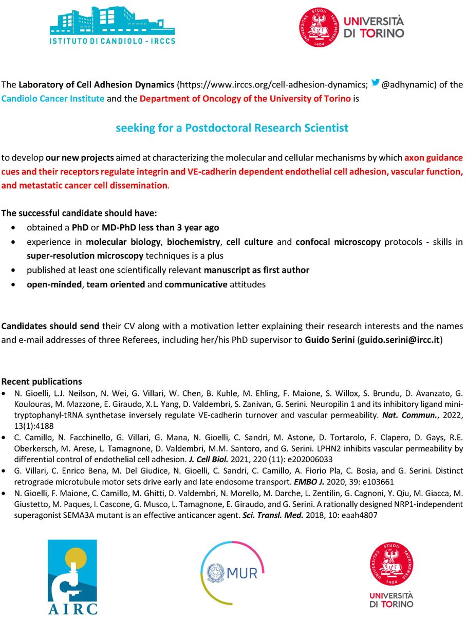 Guido Serini (@gserini) on Twitter photo 📢A #postdoc position is open to join our <a href="/adhynamic/">Serini Lab</a> lab to develop new exciting projects aimed at understanding how axon guidance cues and their receptors regulate #endothelial #celladhesion, #vascular permeability and #cancer cell invasion.
Thank you for sharing. 📢A #postdoc position is open to join our <a href="/adhynamic/">Serini Lab</a> lab to develop new exciting projects aimed at understanding how axon guidance cues and their receptors regulate #endothelial #celladhesion, #vascular permeability and #cancer cell invasion.
Thank you for sharing.