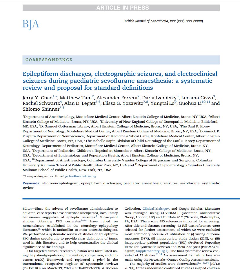 MonteEinstAnest's tweet photo. Congrats to @JerryChaoMD &amp; team for their new publication in @BJAJournals. Their systematic review and introduction of a classification system of brain waves patterns are important steps in future research measuring brain waves in children undergoing #anesthesia. 
@MontefioreNYC https://t.co/yE65DsdPXJ