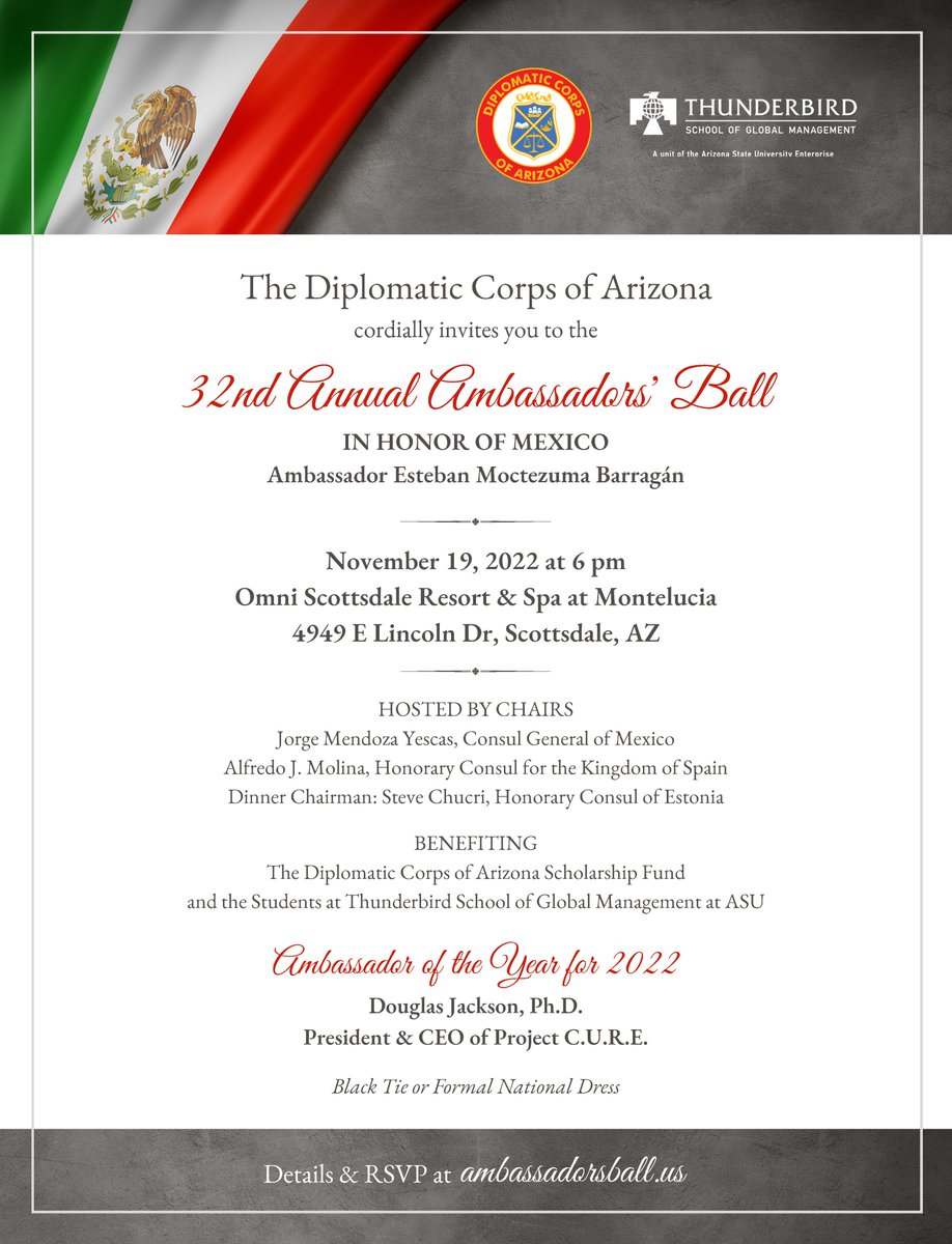 azhcc's tweet photo. The 32nd Annual Ambassador's Ball is coming up on November 19th and is presented by @diplomaticaz - This year's ball benefits the Diplomatic Corps of Arizona Scholarship Fund and the students at @thunderbird - RSVP today &amp; learn more at https://t.co/gPO5mMke0M https://t.co/73i2Esh0uo