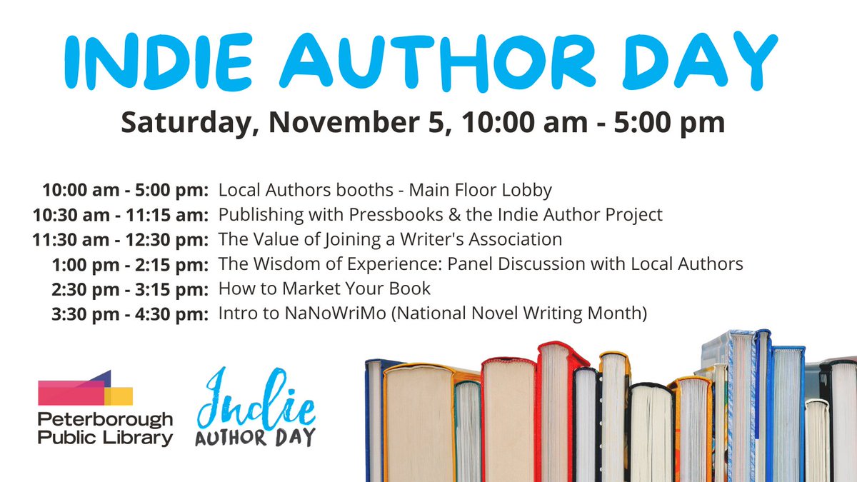 ptbolibrary's tweet photo. Celebrate #IndieAuthorDay with the #PtboLibrary on Sat Nov 5 from 10:30 am to 4:30 pm in the MPR on the Mezz. 

Local authors will be setting up booths in our Main Lobby all day so you can chat &amp; purchase their books between sessions. https://t.co/Inm1wyBQlT