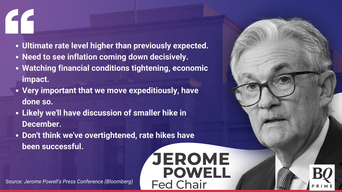 NDTVProfitAlpha's tweet photo. Time to slow rate hikes may come as soon as next meeting, says #FederalReserve Chairman #JeromPowell.

Read: https://t.co/W9YDhXEohk https://t.co/ulBOt9A1QJ