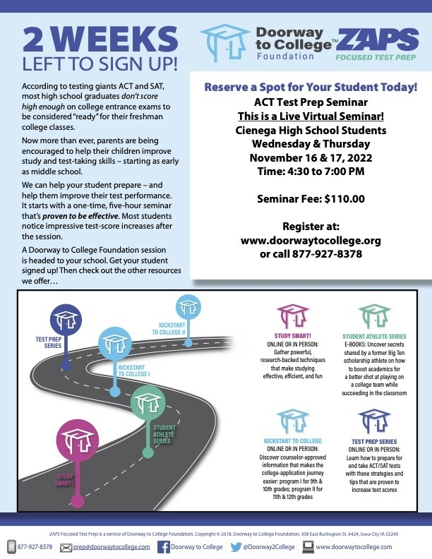 HEY CATS! 
Interested in ACT Prep from the comfort of your own home? There are only TWO WEEKS LEFT until the Virtual Seminar! 
See the flyer below for more information.