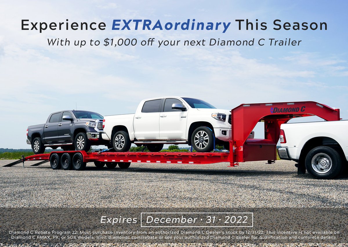 DCtrailers's tweet photo. Experience EXTRAordinary this season with up to $1000 off your next Diamond C dump, equipment, or car hauler purchase! 🤩 Checkout https://t.co/LH5T5qwjfw for full details, then head to your dealer before December 31st to claim this sweet offer! 🙌 #RebateProgram #DCTrailers https://t.co/5W11sZXZIA
