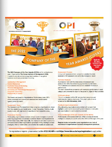 KIMKenya's tweet photo. COYA Awards - a prestigious corporate event that recognizes organizations that have embraced Organizational Performance Index (OPI) Business Excellence framework. 
Be part of the #COYAfamily today and join us today
#COYA
#kenyainstituteofmanagement
#OPI https://t.co/rIzUVyguXW