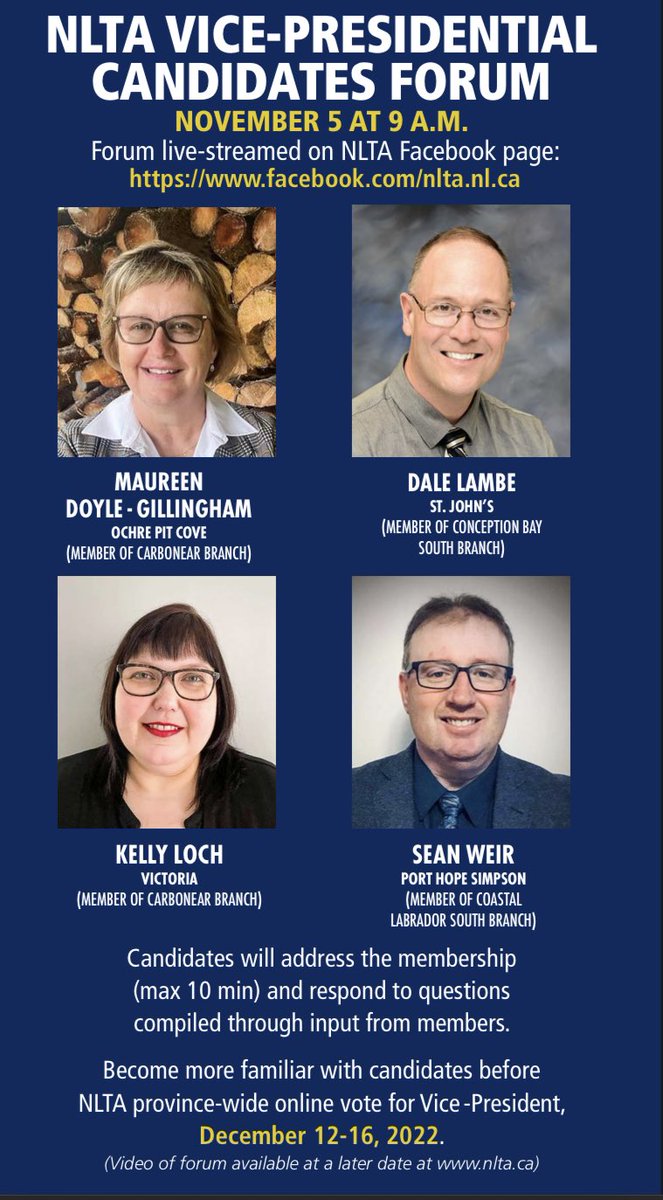 dlambe4nleduc's tweet photo. Be sure to tune in to Saturday’s Candidates Forum to ensure you are making an informed decision from December 12-16, 2022!  ⁦@NLTeachersAssoc⁩ https://t.co/AQWaibB3G5