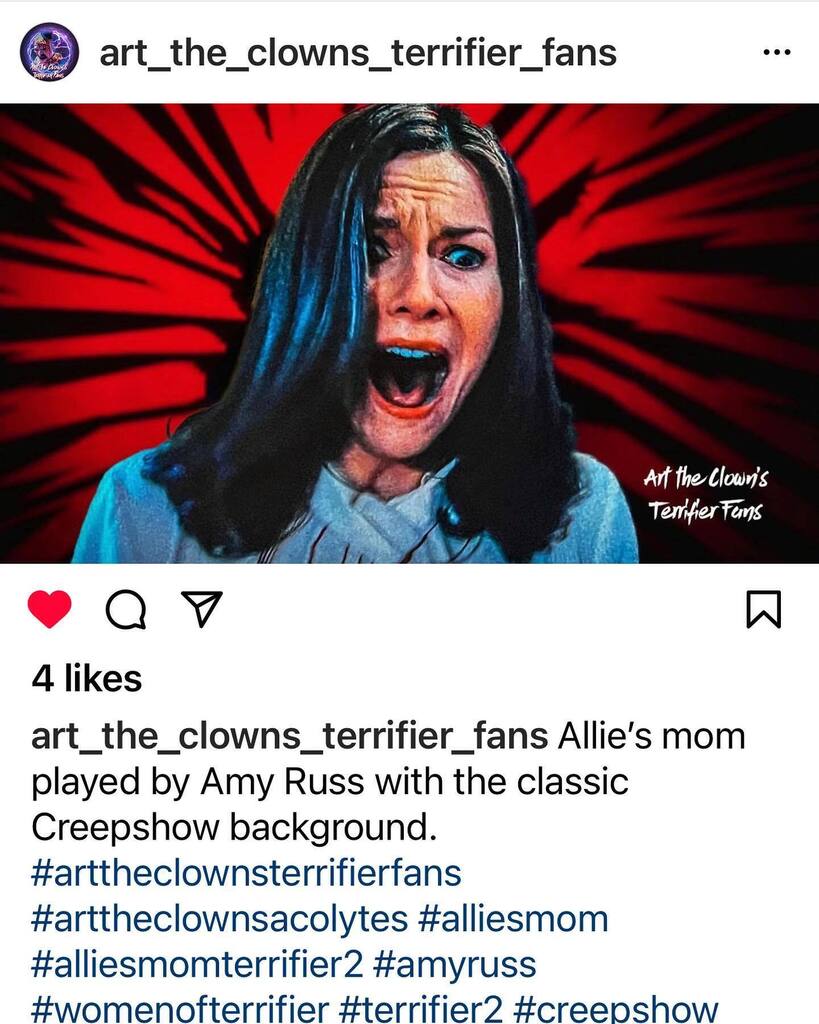 What an awesome image by @art_the_clowns_terrifier_fans !  Thanks so much for the love! 
💜 🔪 💜 🤡 💜 

#terrifier2
#alliesmom
#womenofterrifier 
#arttheclownterrifierfans instagr.am/p/CkeCb7ZOoZb/