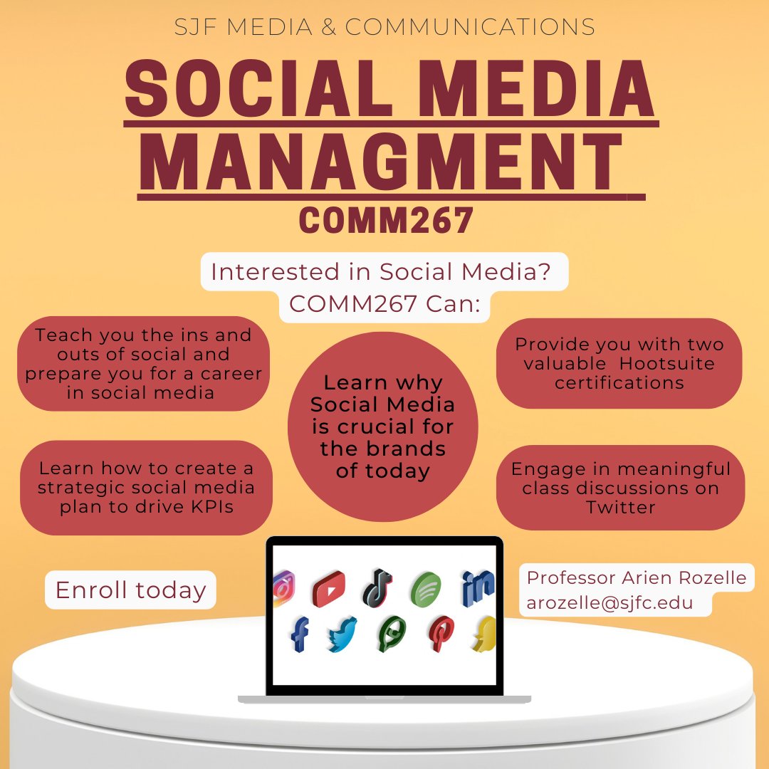 Knowledge of today's social media is invaluable no matter the extent at which you use it. Social Media Management provides that knowledge in abundance through meaningful discussion, insightful literature, and certification based learning.

Go check out COMM267!   

#COMM267