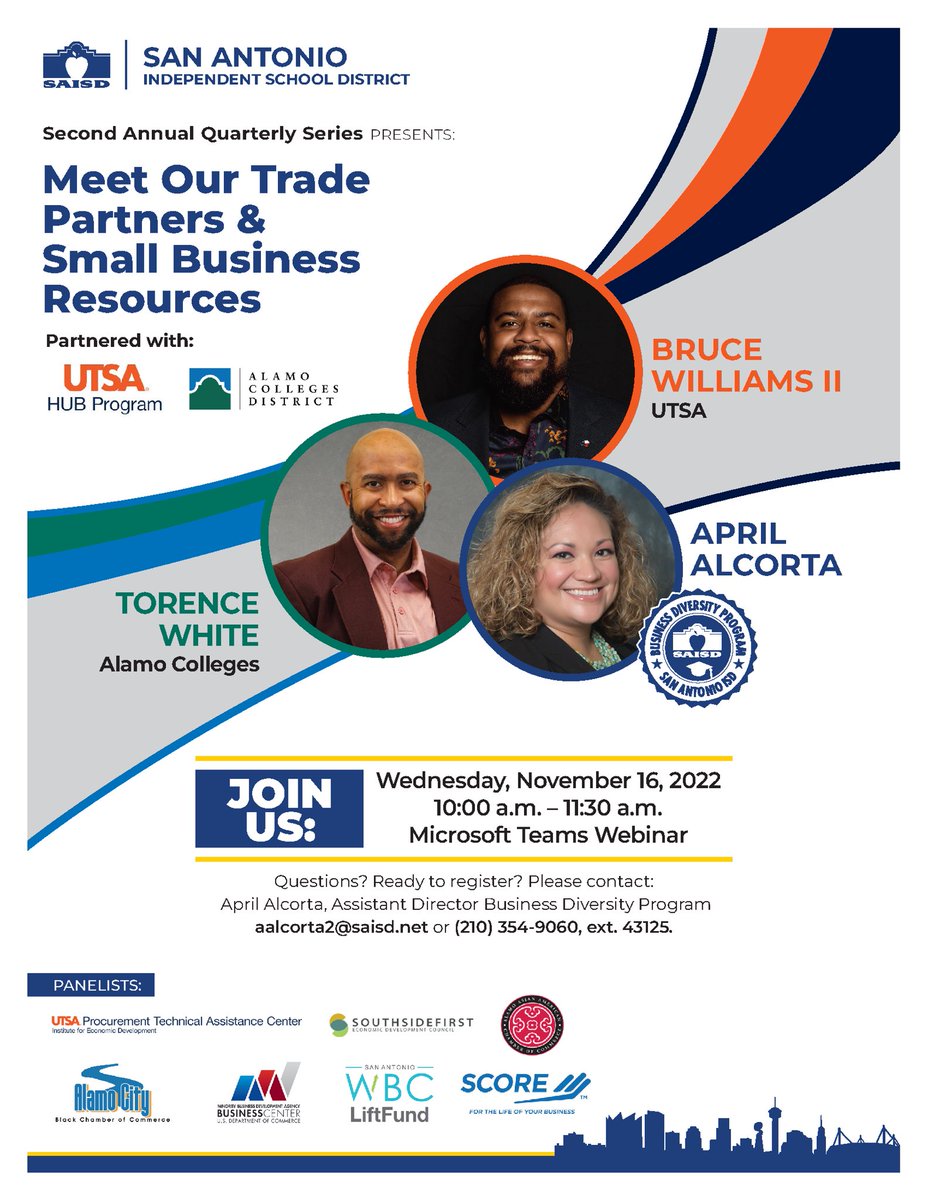 We are proud to partner with <a href="/SAISD/">San Antonio ISD</a> for the Second Annual Quarterly Series. Register for the Meet our Trade Partners &amp; Small Business Resources Event. Contact April Alcorta to register. aalcorta2(at)saisd.net or call 2103549060 ext 43125