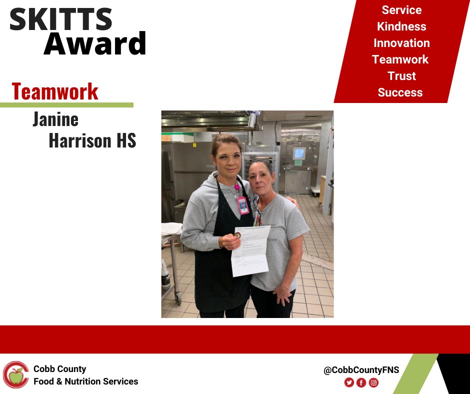 CobbCountyFNS's tweet photo. A SKITTS Award in the category of Teamwork was awarded to Janine, Food Service Assistant at Harrison HS. She volunteered to cashier at North Cobb HS before fall break when they were short-handed.

Thank you for all that you do, Janine! 👍😀
#FuelingStudentSucess #CobbFNSRocks https://t.co/jRGhPbz6Io