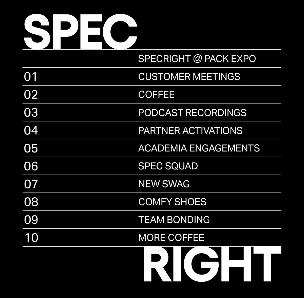 specrightinc's tweet photo. The ‘specs’ that went into Specright at Pack Expo! The team had a blast in Chicago and it was great to meet so many people at the booth. The industry is evolving, and companies are evolving with it. Remember, if you get the spec right, the rest follows.
#specfirst #packexpo2022 https://t.co/kaHiM9W1k6
