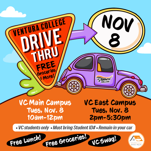ventura_college's tweet photo. Free lunch, groceries &amp; essential supplies at our Nov. 8 Drive-Thru Food Pantry! Bring your student ID number. 

🔸 VC Main Campus: 10 a.m. - noon

🔸VC East Campus Santa Paula: 2 p.m. - 5:30 p.m. 

#VCPiratePride #VenturaCollege #VenturaCollegeEastCampus #FoodInsecurityIsReal https://t.co/UGwQdH9B21