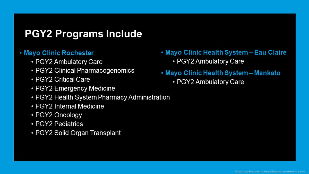 Mayo Clinic & Mayo Clinic Health System sites are hosting a virtual information session on 11/07 from 5-6 PM central! 11 different PGY2 programs from Rochester (MN), Mankato (MN), and Eau Claire (WI) will be present. Register now!