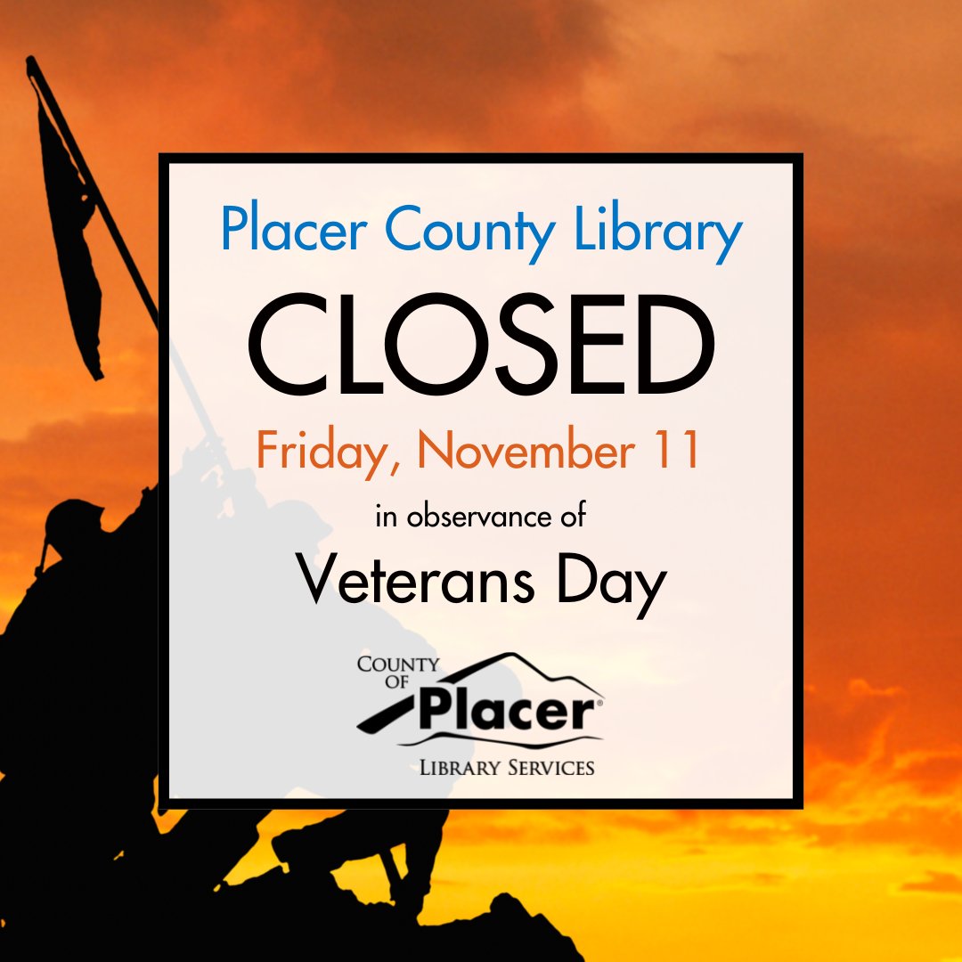 All library locations will be closed on Friday, November 11, 2022, in observance of Veterans Day.  We will resume our regular hours on Saturday, November 12, 2022.
 
#libraryclosure #holidays #veteransday